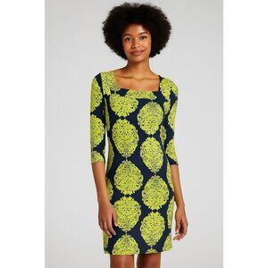 Lilly Pulitzer 100% Silk Womens Midi Dress 2 Navy Blue Green Resort Medallion